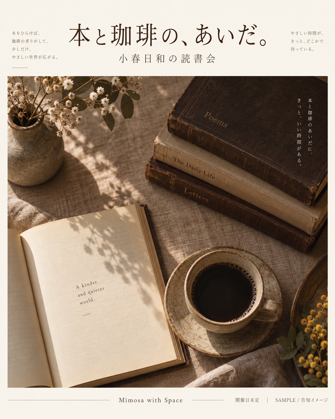 告知モック：本と珈琲の、あいだ。小春日和の読書会。開催日未定。実際の開催告知ではありません。