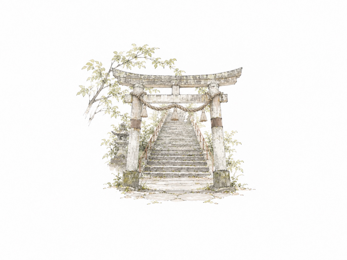 社家地八幡宮の鳥居と石段を参考にした淡い水彩イラスト